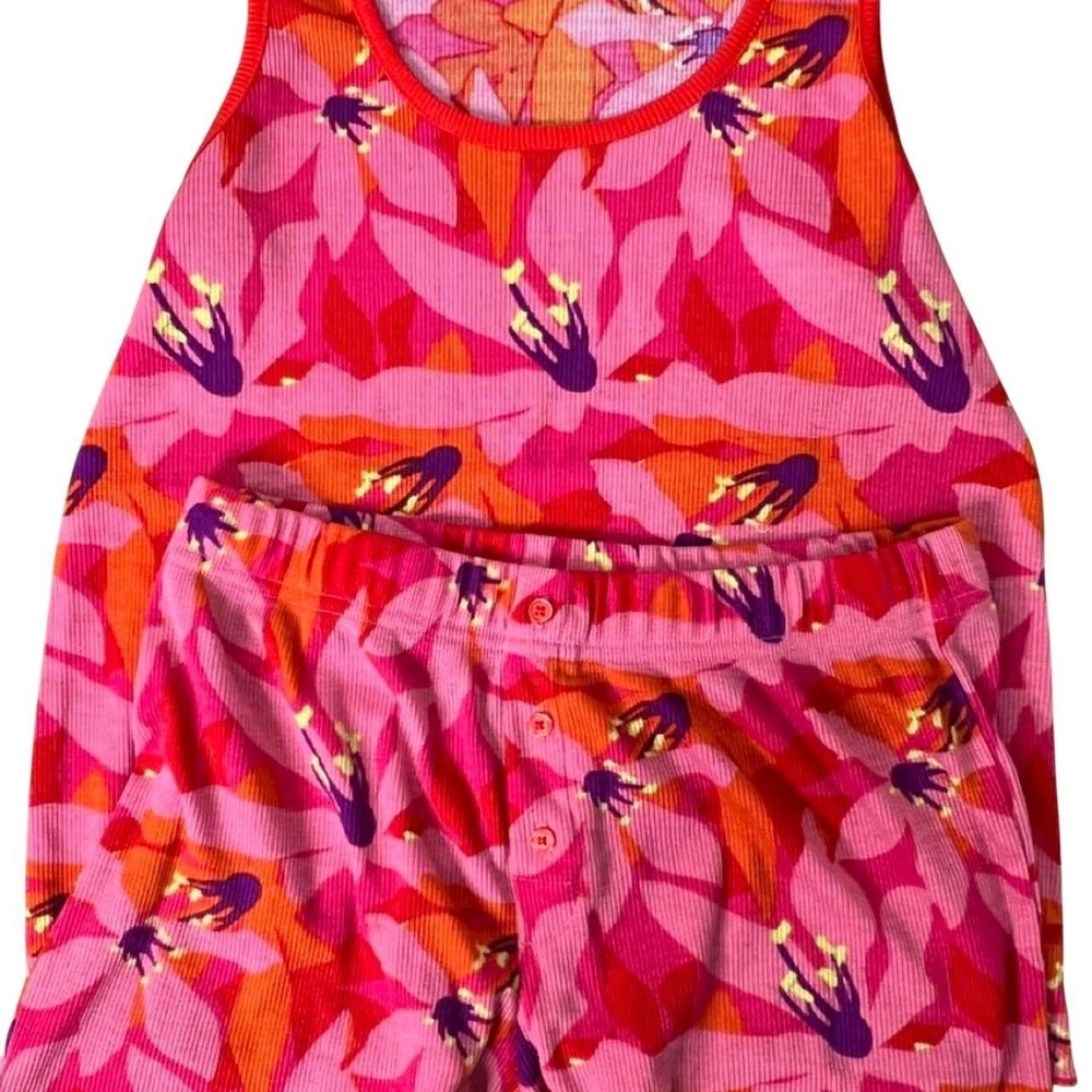 Peyton & Parker Womens Pink Floral Ribbed Pajama Set Tank Top and Shorts Small